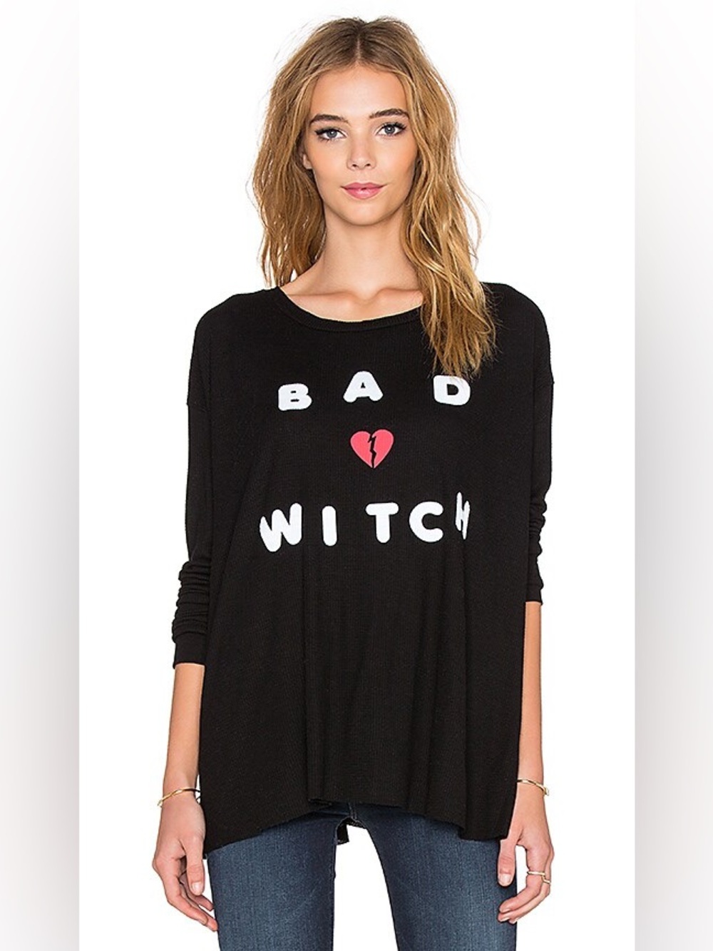 WILDFOX “Bad Witch” Long Sleeve Thermal Tee Black Oversized Goth Halloween